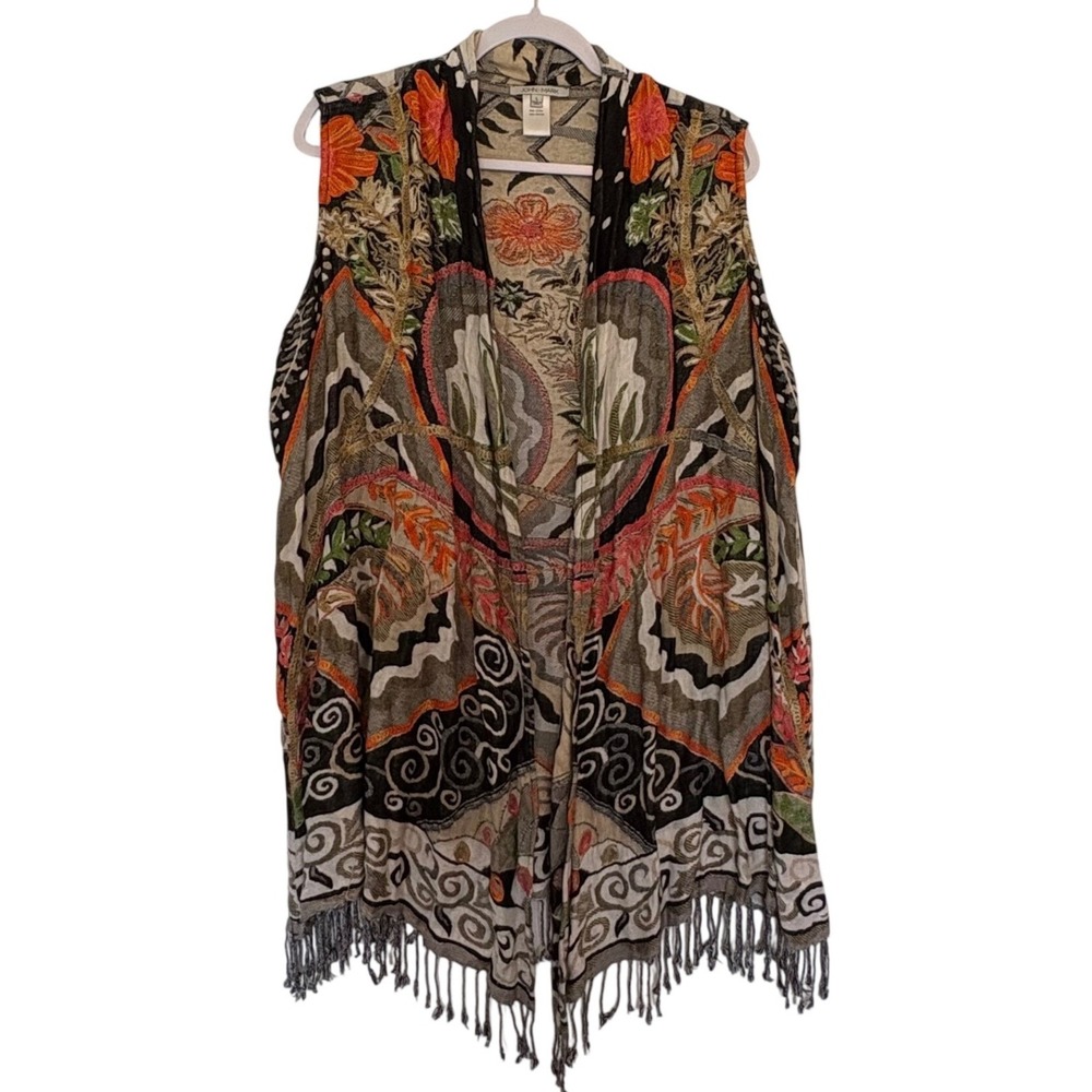 John Mark Art To Wear Vest Whimsigoth Tapestry Floral Fringe Cardigan Boho L